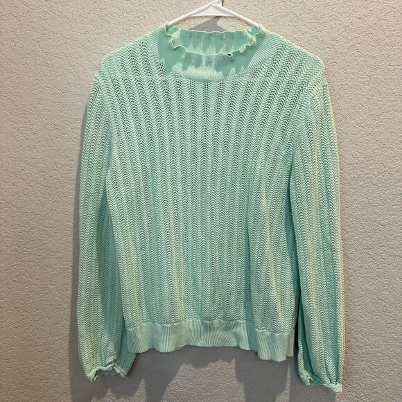 J. Crew Mint Green Open Knit Ruffle Mock Neck Stretchy Sweater - Size L - EUC - Picture 1 of 7